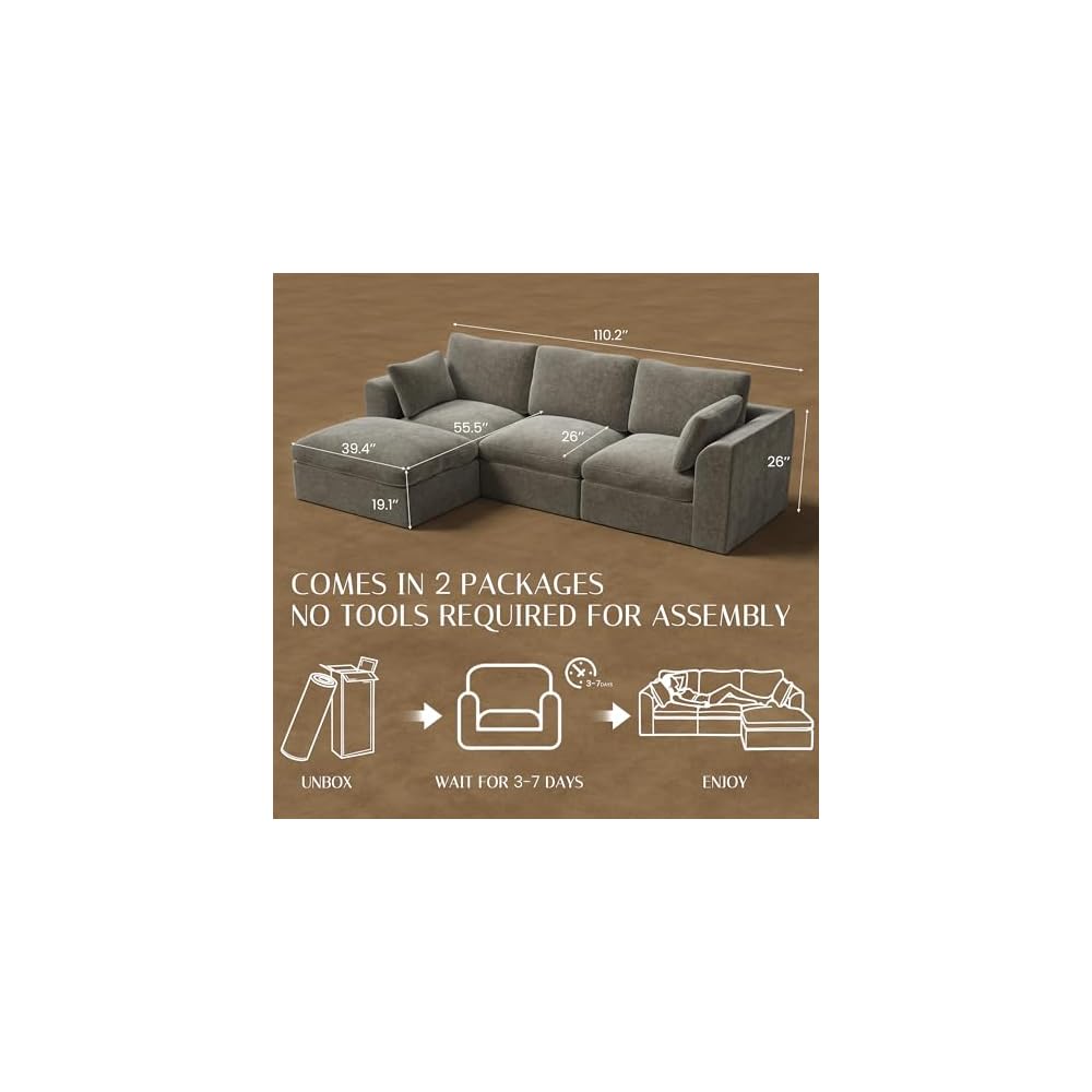 110" Brown Cloud Couch Sectional L Shaped Boneless Couch Modular Cloud Sofa