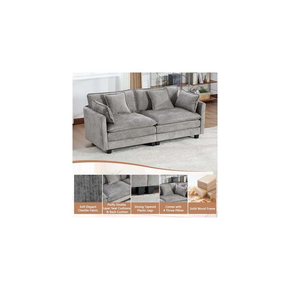 Modular Sectional 2 Seater Cloud Sofa Couch for Living Room,Loveseat Couch with Deep Seat,Modern Chenille 2 Seat Sofas,Fluffy Small Couches for Bedroom,Small Spaces (Grey, 2 Seater)