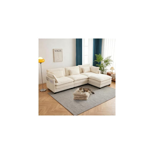 111" L Shaped Sectional Couches for Living Room with Movable Ottoman, Modular Cloud Couch with Deep Seat, Comfy Corduroy Sofa with Pillows for Bedroom and Apartment, Beige