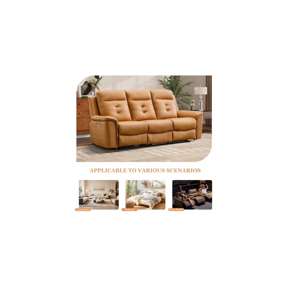 Power Recliner Sofa Couch, Breathable Faux Leather Reclining Couches with USB Charging Port, Overstuffed Armrest and Backrest, 3-Seater Electric Recliner Sofa for Living Room, Brown