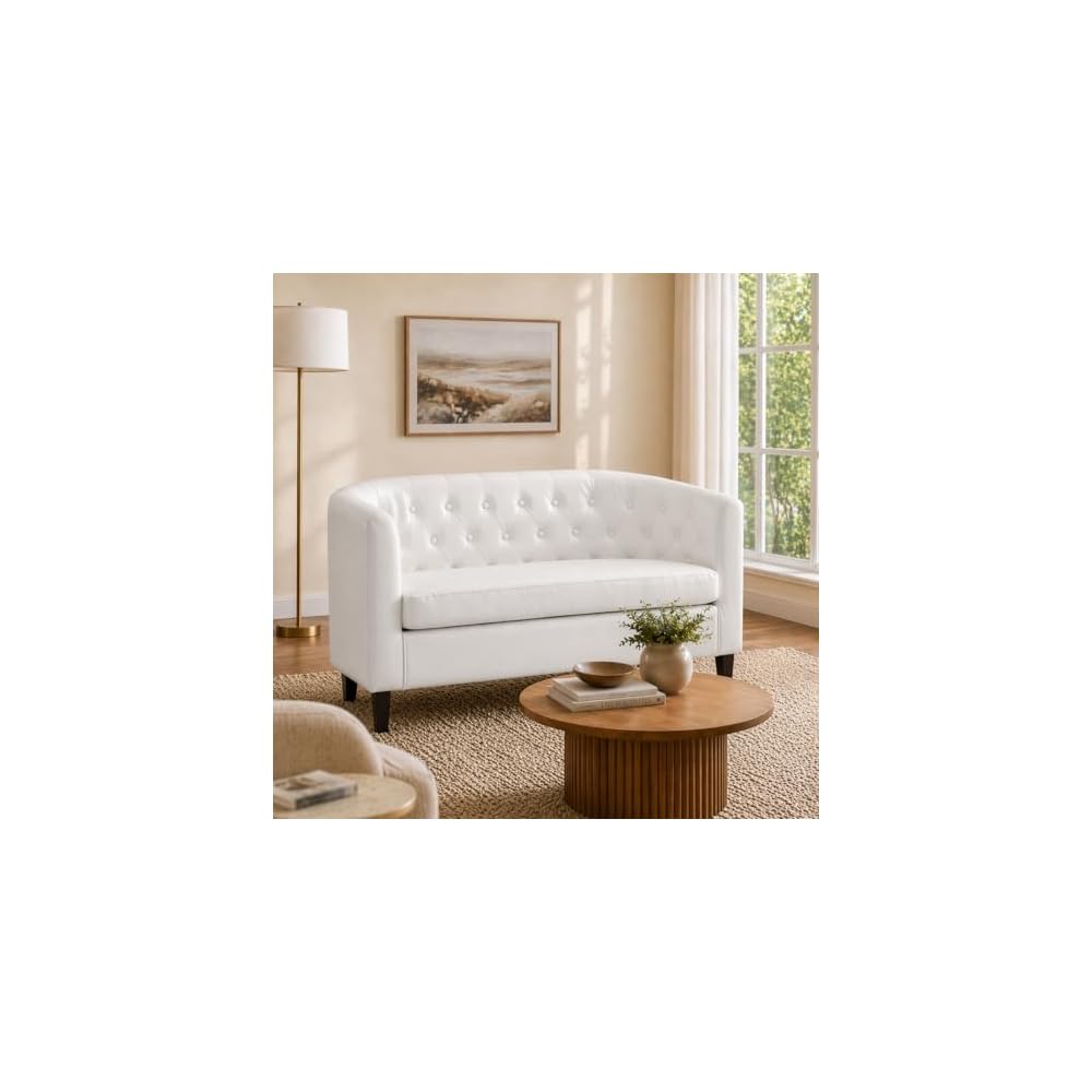 Emma Faux Leather Loveseat Sofa - Tufted Barrel- White
