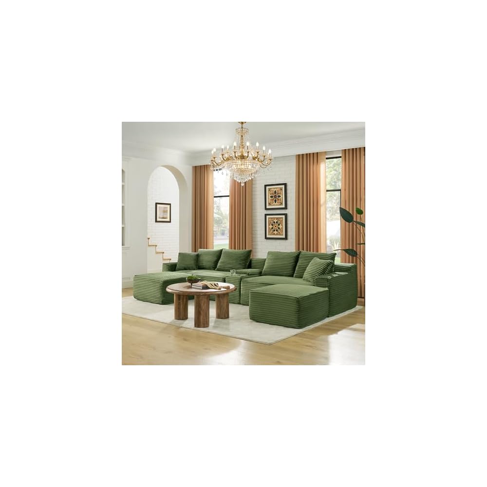 127" Width Sectional Sofa with Storage Console for Living Room, Oversized U Shaped Modular Sectional Couch with Cup Holders and USB Chaise Lounge for Apartment Studio Office