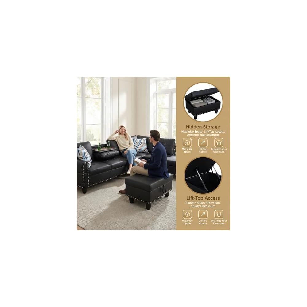 L-Shaped Sectional Sofa with Movable Chaise & Storage Ottoman - 3-Piece Leather Modular Convertible Couch for Living Room, Apartment & Home Office, Gloss Black