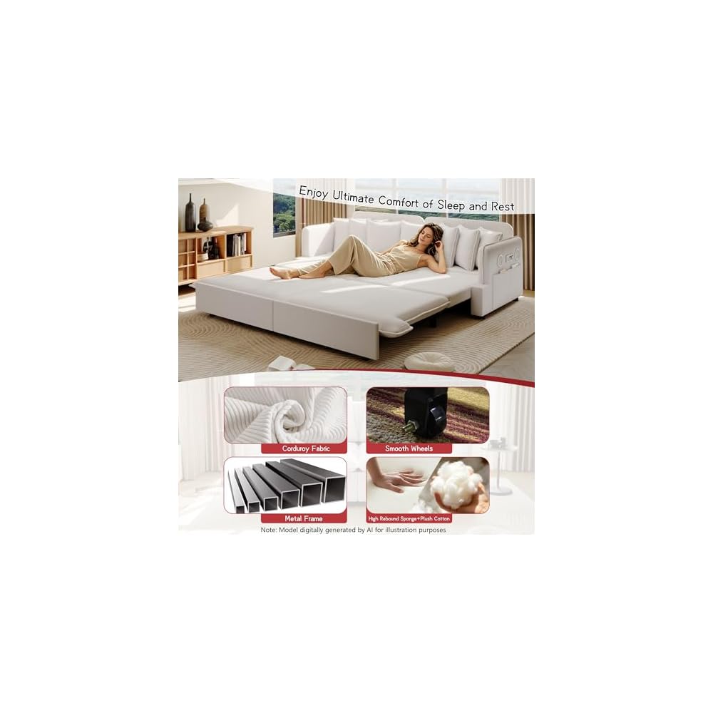 81.8" Sleeper Sofa Bed King Size, 3-in-1 Convertible Corduroy Sofa, Beige
