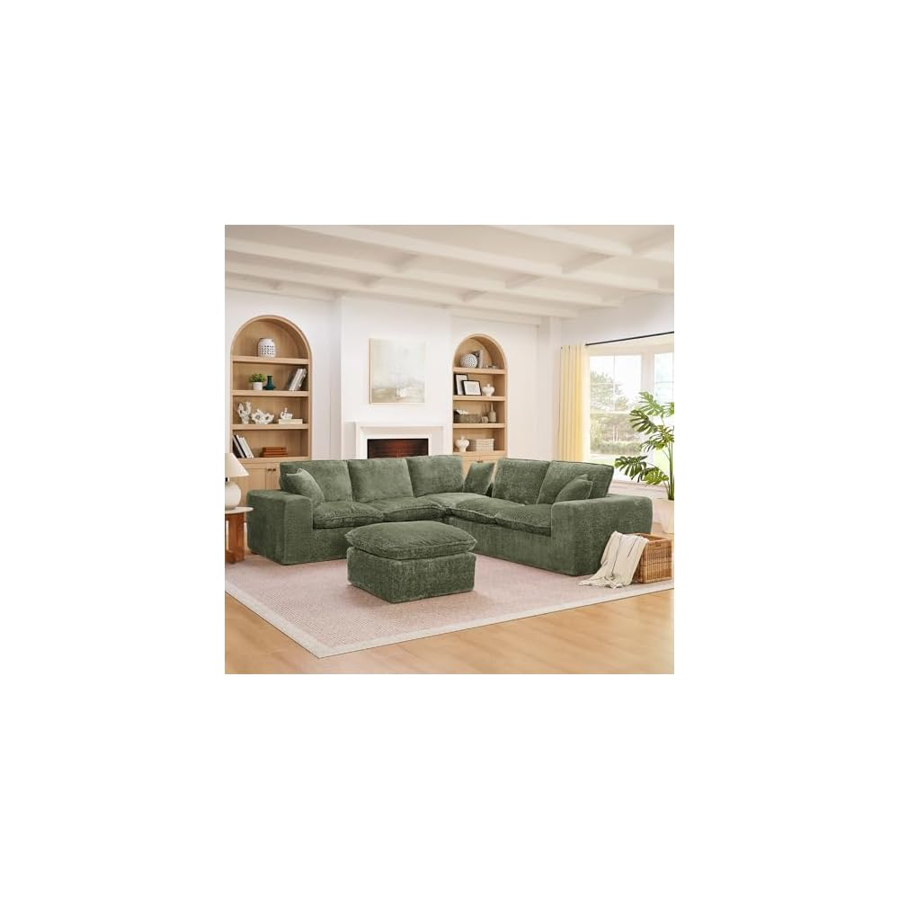 107" L-Shaped Oversized Boucle Modular Sectional Sofa with 1 Ottomans and Pillows, 6-Seater Upholstered Boneless Comfy Cloud Couch, DIY Combination, No Assembly Required, for Living Room, Green