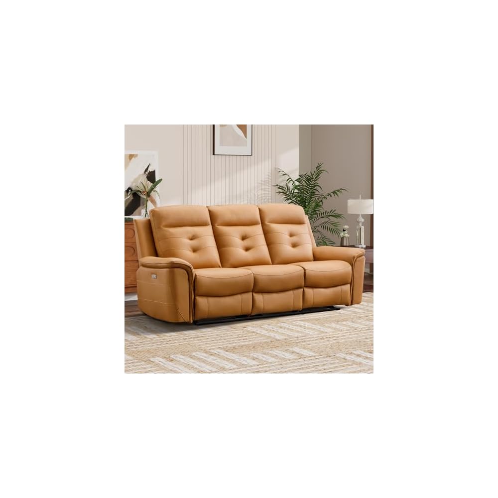 Power Recliner Sofa Couch, Breathable Faux Leather Reclining Couches with USB Charging Port, Overstuffed Armrest and Backrest, 3-Seater Electric Recliner Sofa for Living Room, Brown