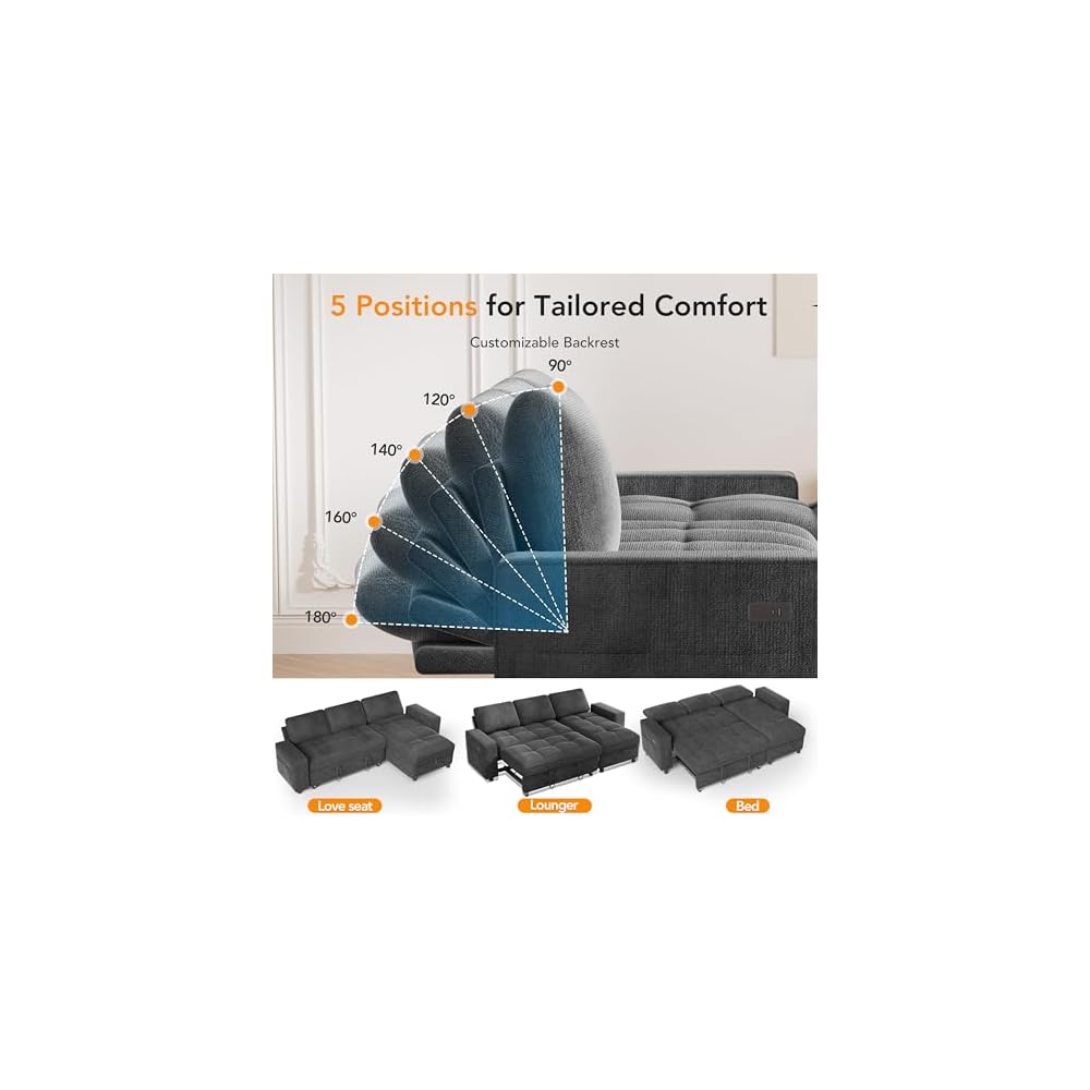 Pull Out Sofa Bed, 81" L Shaped Couch Sleeper Sofa with Reclining Backrest | Reversible Storage Chaise | USB Port | Side Pocket | Tool-Free Assembly | Chenille Dark Grey