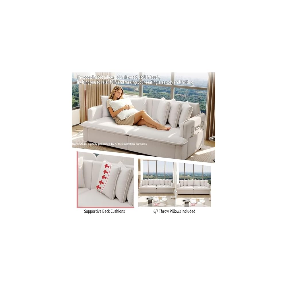 81.8" Sleeper Sofa Bed King Size, 3-in-1 Convertible Corduroy Sofa, Beige
