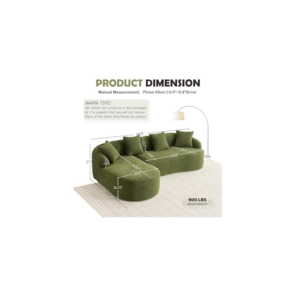 99" Curved Sofa with L-Shape Chaise,Modern Cloud Curved Couch with Deep Seat,No Assembly Required,Upholstered Oversized Couches for Living Room,Apartment (Green, 99Inch)