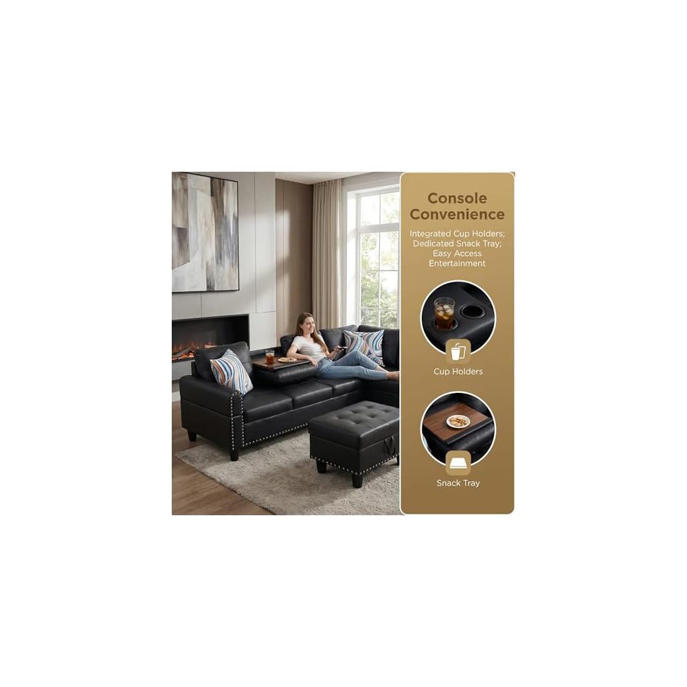 L-Shaped Sectional Sofa with Movable Chaise & Storage Ottoman - 3-Piece Leather Modular Convertible Couch for Living Room, Apartment & Home Office, Gloss Black