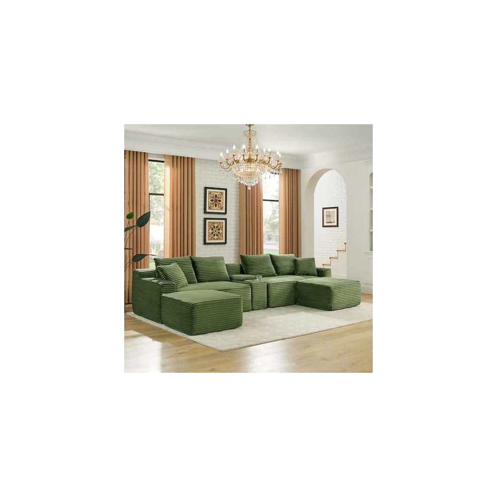 127" Width Sectional Sofa with Storage Console for Living Room, Oversized U Shaped Modular Sectional Couch with Cup Holders and USB Chaise Lounge for Apartment Studio Office