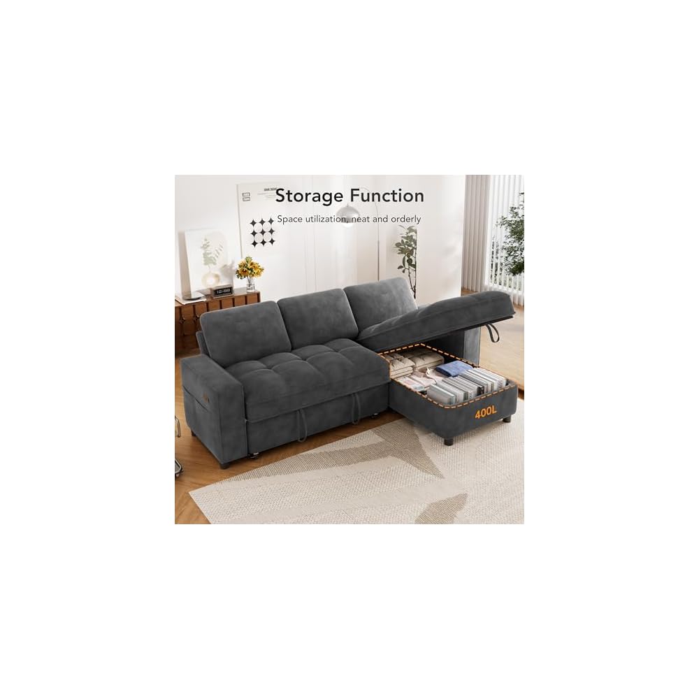 Pull Out Sofa Bed, 81" L Shaped Couch Sleeper Sofa with Reclining Backrest | Reversible Storage Chaise | USB Port | Side Pocket | Tool-Free Assembly | Chenille Dark Grey