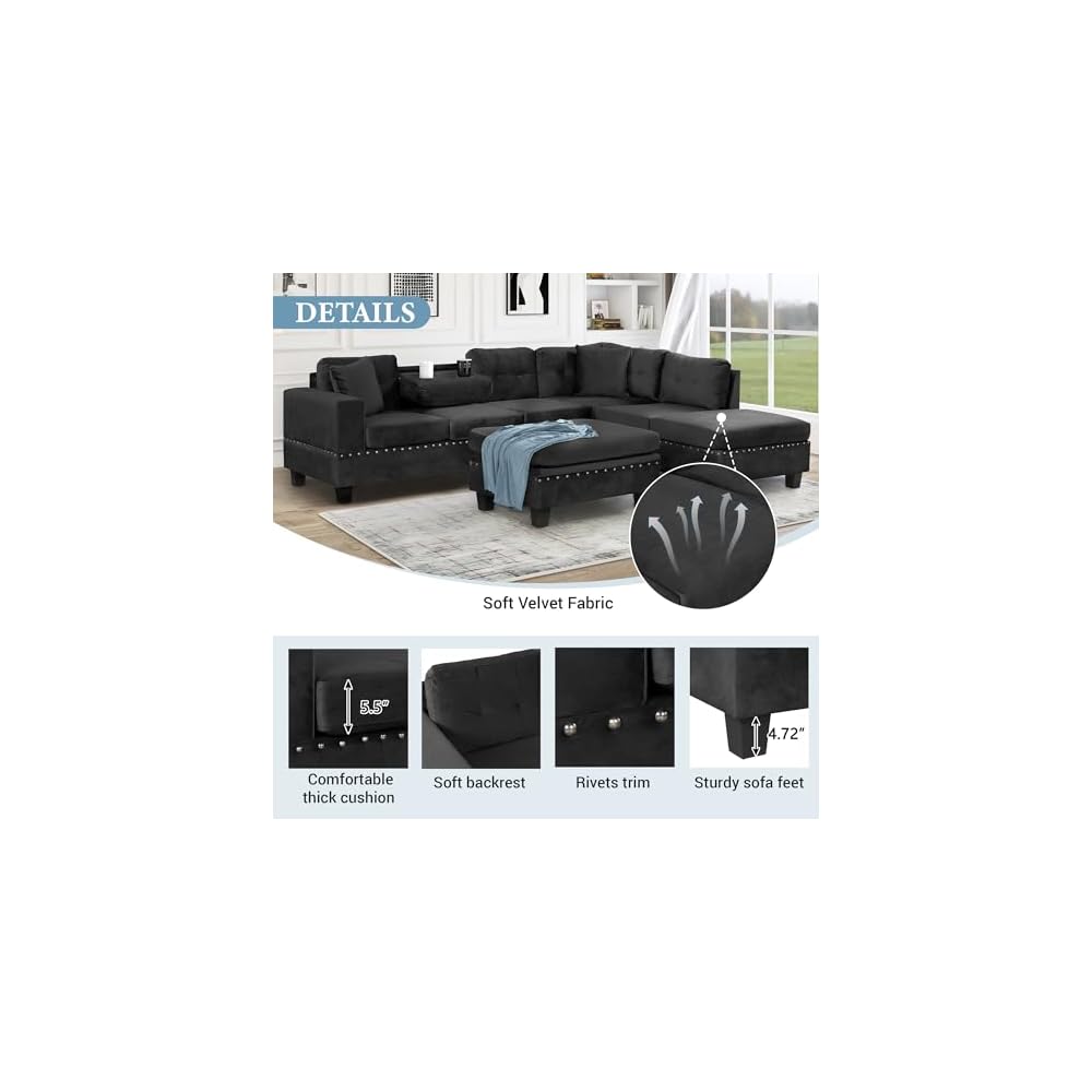 L-Shape Sectional Couch with Storage Ottoman,105" Couches for Living Room W/ 2 Pillows & Cup Holders,6 Seat Velvet Sleeper Sofa W/Reversible Chaise,Comfy Couches for Apartment,Black
