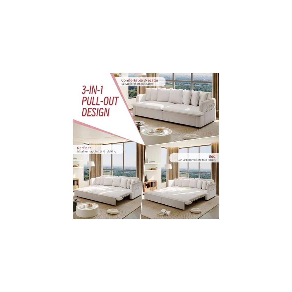 81.8" Sleeper Sofa Bed King Size, 3-in-1 Convertible Corduroy Sofa, Beige