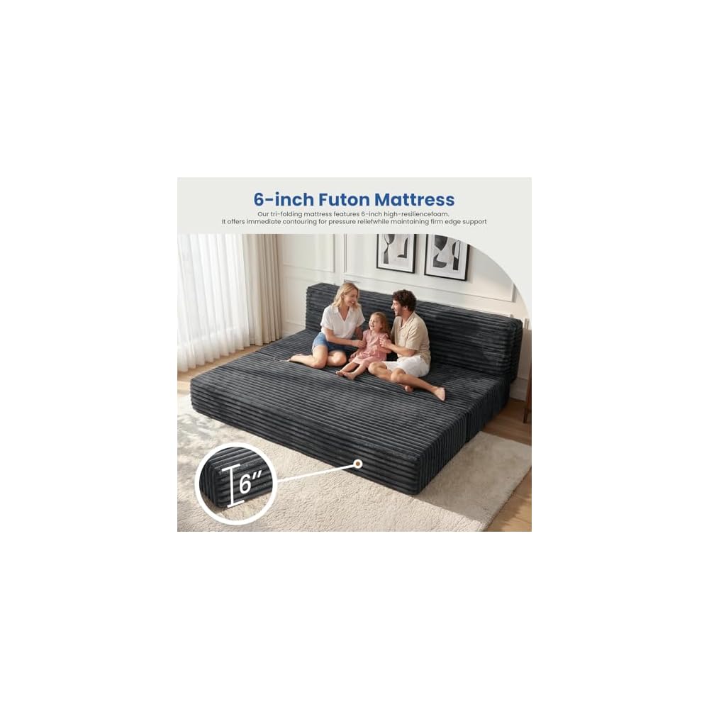 Tri-Fold Futon Sofa Bed, 6 Inch Foldable Floor Couch, High-Density Foam Convertible Sleeper Sofa with Removable Washable Corduroy Cover, Portable Floor Mattress for Living Room