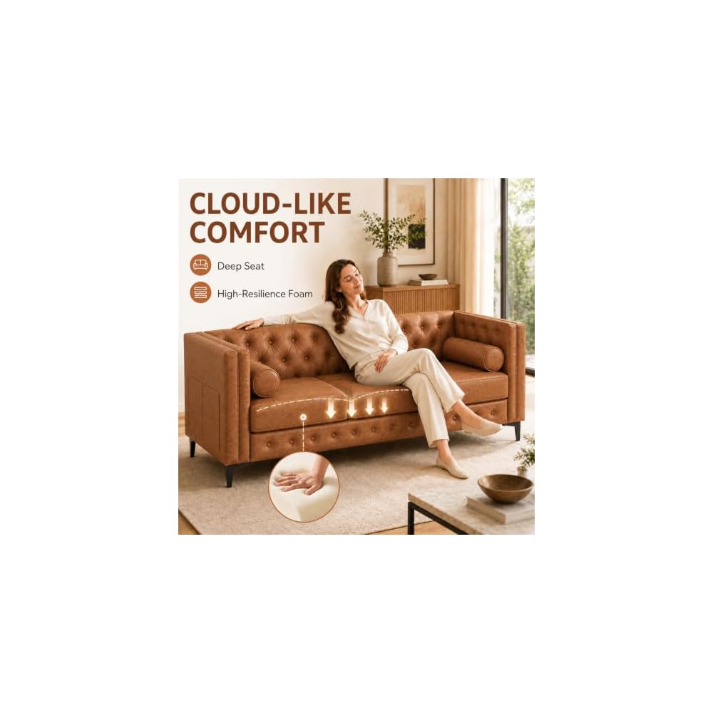 Faux Leather Couches & Mid Century Modern Couch for Living Room (Brown)