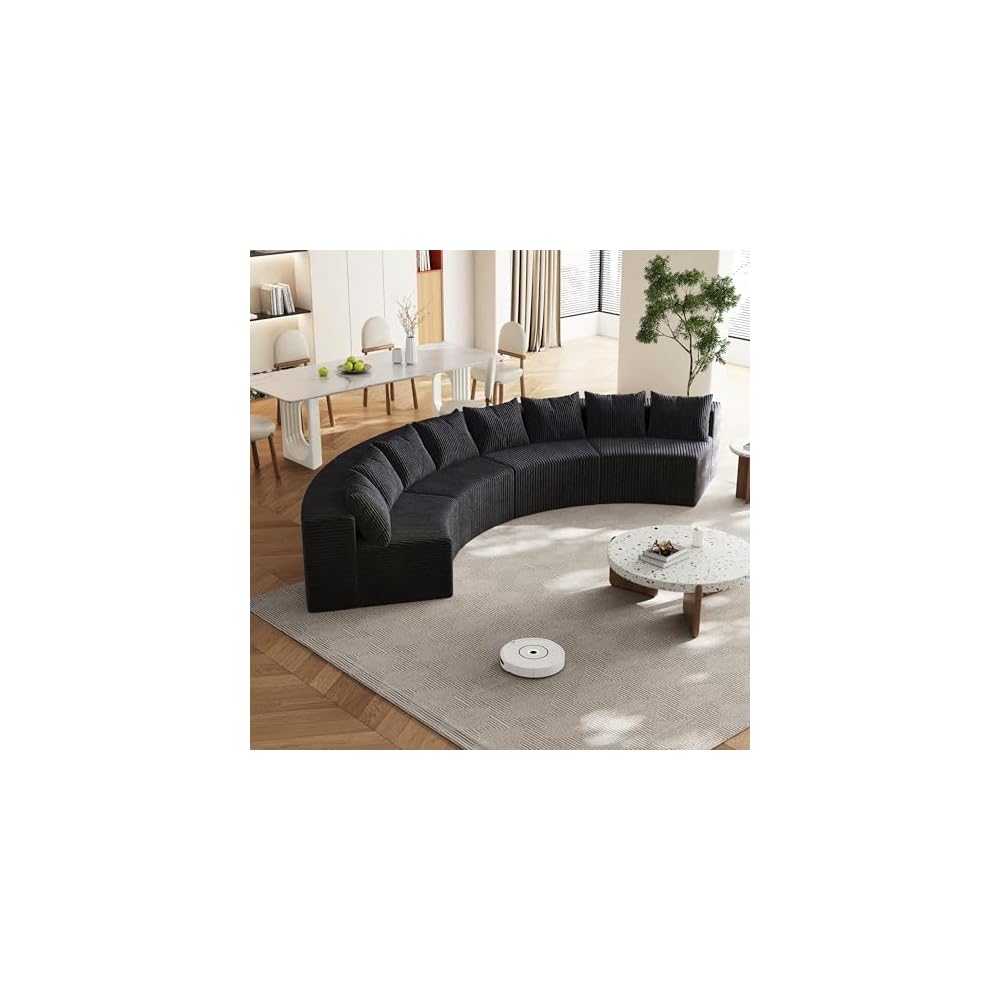 4 Seat Corduroy Curved Sectional Sofa, Symmetrical Modular Semi Circular Couch, Deep Seat Tufted Corner Sofa for Living Room, Lobby, Black