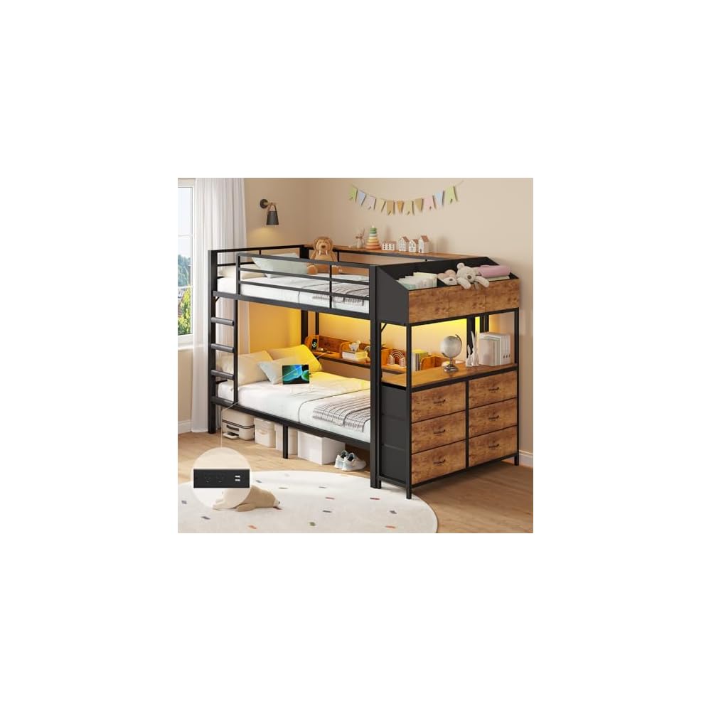 Twin Over Twin Bunk Bed with 6 Storage Drawers & 3 Boxes, Dual Side Shelves, Twin Bunk Beds for Kids with LED Lights and Charging Station, Heavy Duty Metal Bunk Bed with Safety Guardrail and Ladder