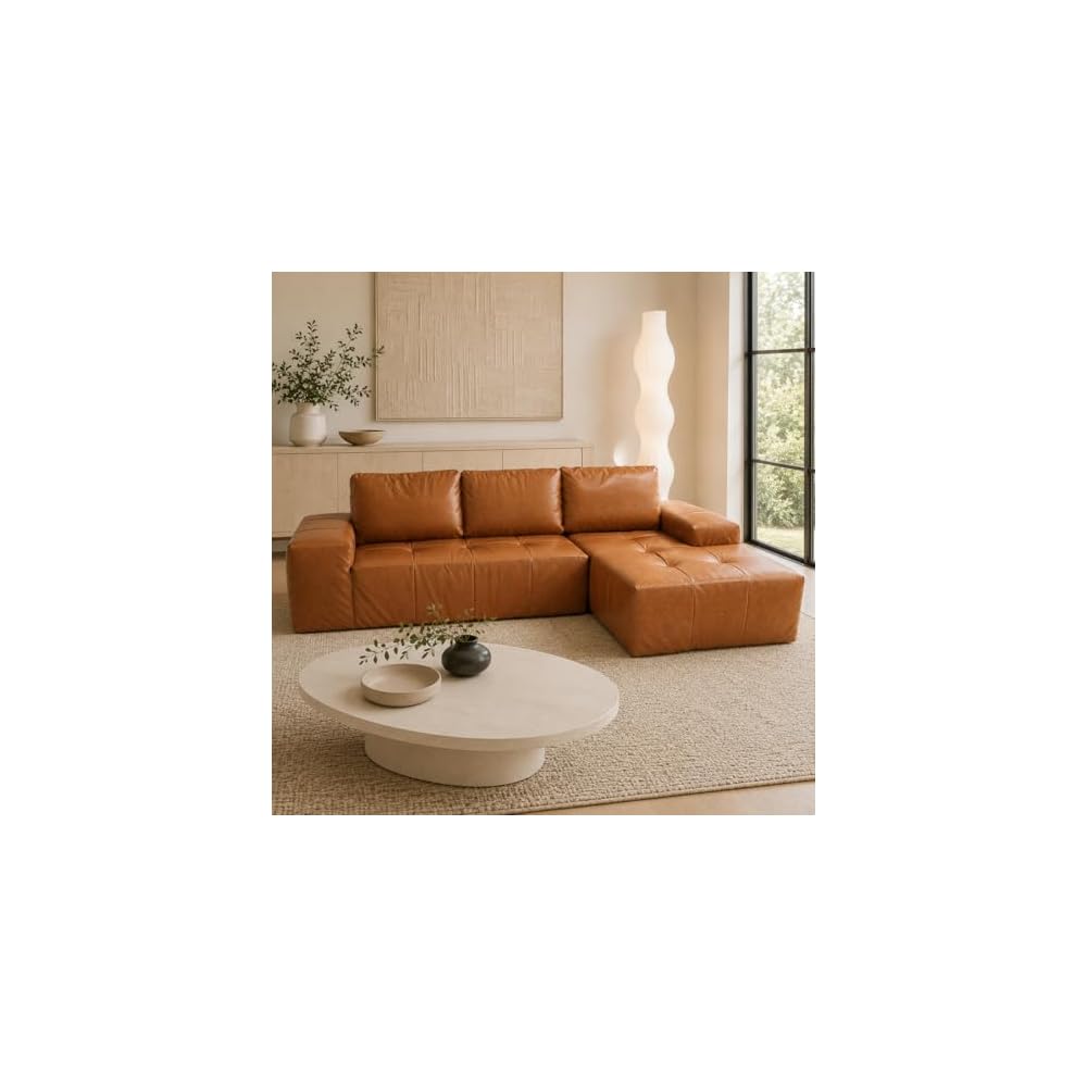 114” Boneless Sectional Couches for Living Room, Brown Cloud Faux Leather Couch in a Box, Modular Sectional Sofas for Living Room, L Shaped Couch with Chaise, Memory Foam Deep Seat,Right Chaise