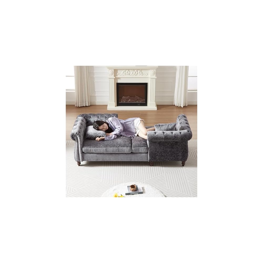 81" Chenille Face-to-face Chaise Lounge, Button Tufted Design Sofa, Modern Comfortable Loveseat Couch with Two Pillows&Nail Head Trim&Rolled Arms for Lounge Living Room Office, Grey