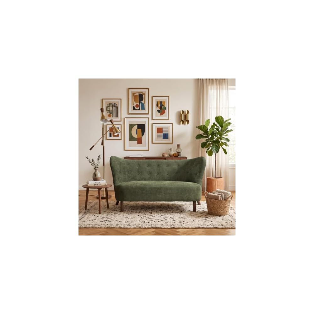 57" Chenille Futon Sofa Loveseat, Nordic Cloud Couch Love Seat with Curved Backrest, Comfy 2 Seater Accent Sofas Chair for Living Study Leisure Room, Easy Assembly, Green