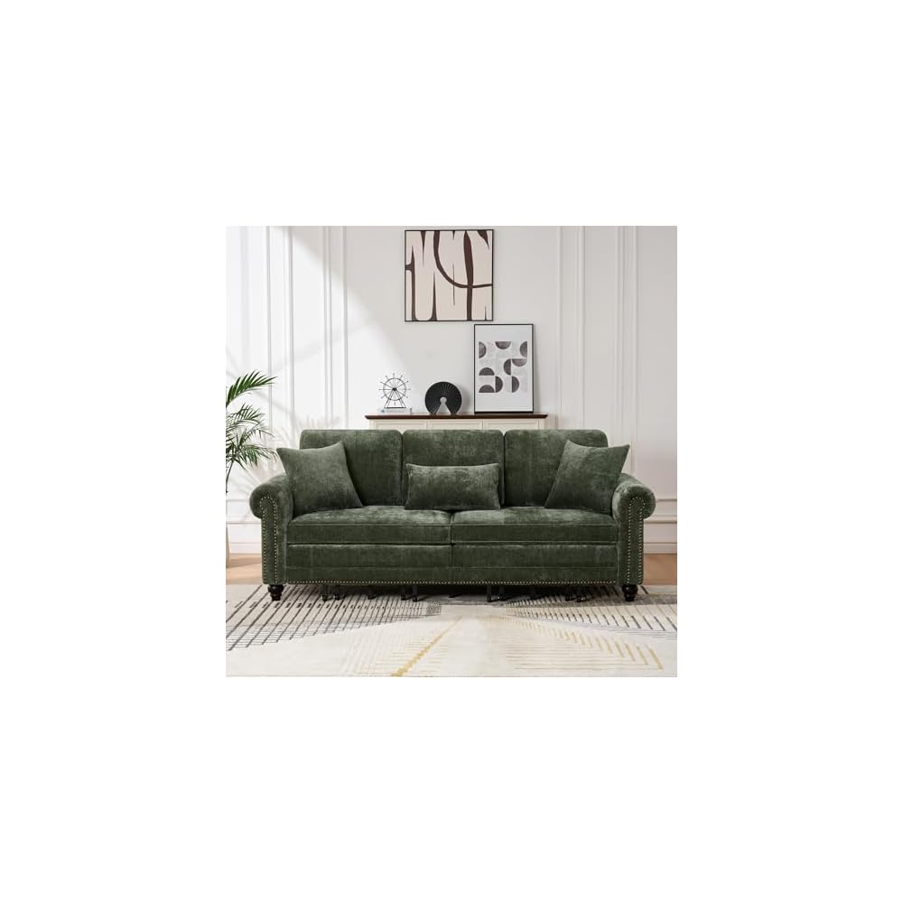 King Size Pull Out Sofa Bed 3 in 1 Classic Modern Convertible Sleeper Chenille Upholstery Nailhead, Rolled Arm Sturdy Metal Frame 600 lbs for Living Room Apartment Office Small Spaces, Green