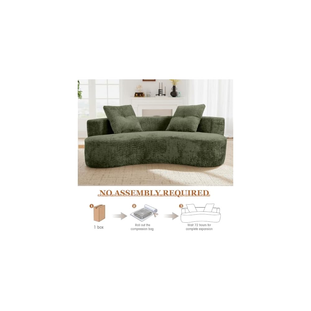 Curved Cloud Boneless Couch, Boucle Fabric Modern Comfy Loveseat Sofa with Deep Seat & 2 Pillows, Upholstered Oversized Couch for Living Room, Bedroom, Apartment, No Assembly Required(Green, 80" W)