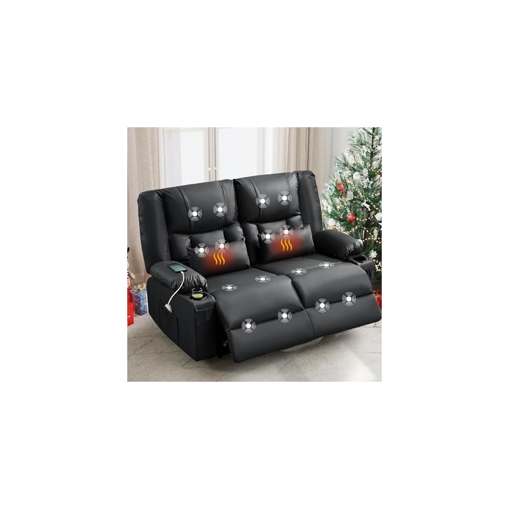 Black Leather Loveseat Recliner with Massage/Heat, Recliner Couch