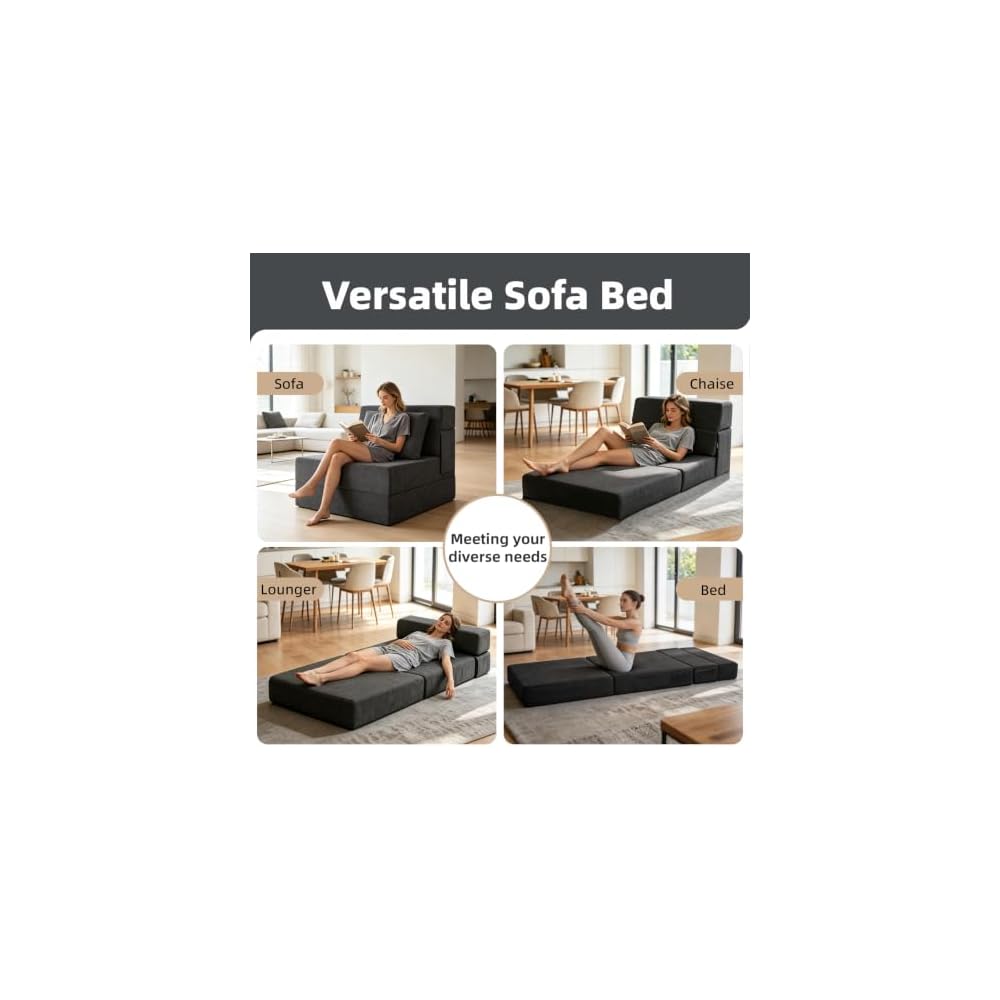 Folding Sofa Bed, Convertible Sleeper Chair with Pillow, Fold Out Chair Bed, High-Density Foam Floor Couch Bed, Foldable Futon Couch Lounge for Living Room (Grey, Single)
