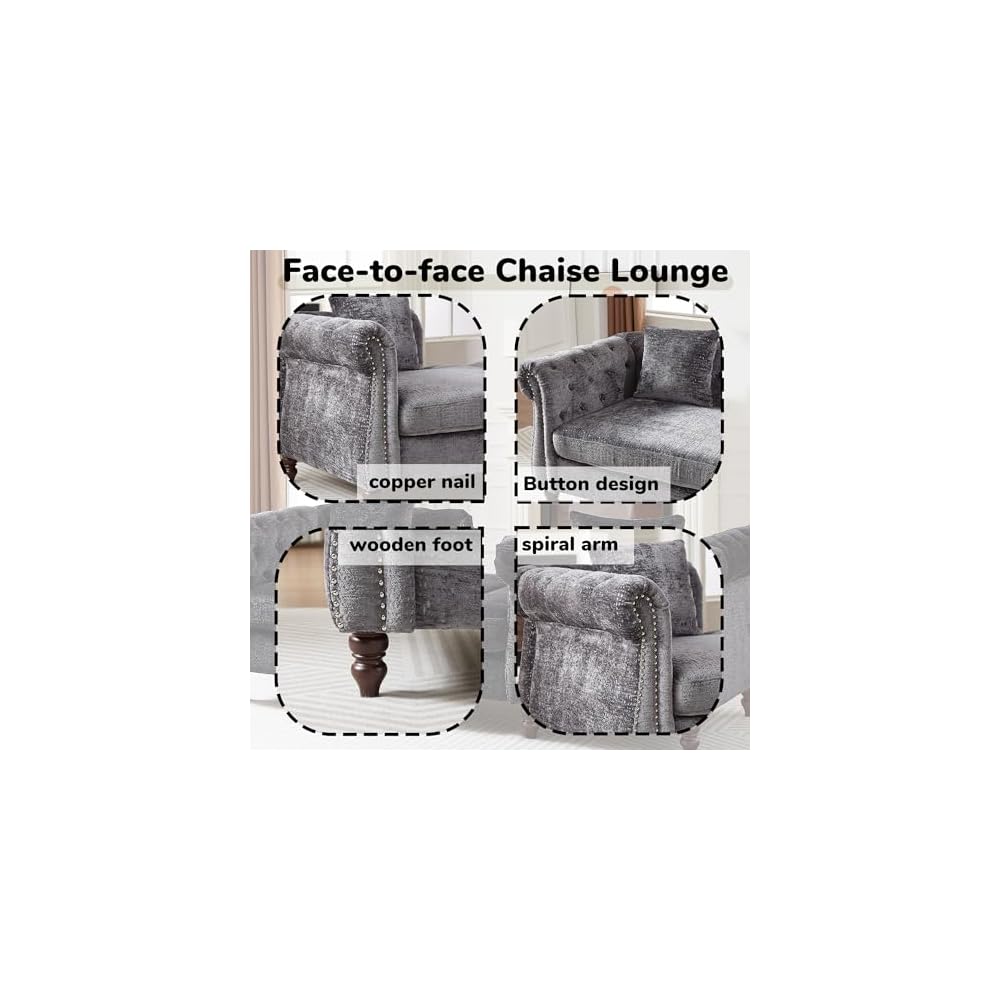 81" Chenille Face-to-face Chaise Lounge, Button Tufted Design Sofa, Modern Comfortable Loveseat Couch with Two Pillows&Nail Head Trim&Rolled Arms for Lounge Living Room Office, Grey