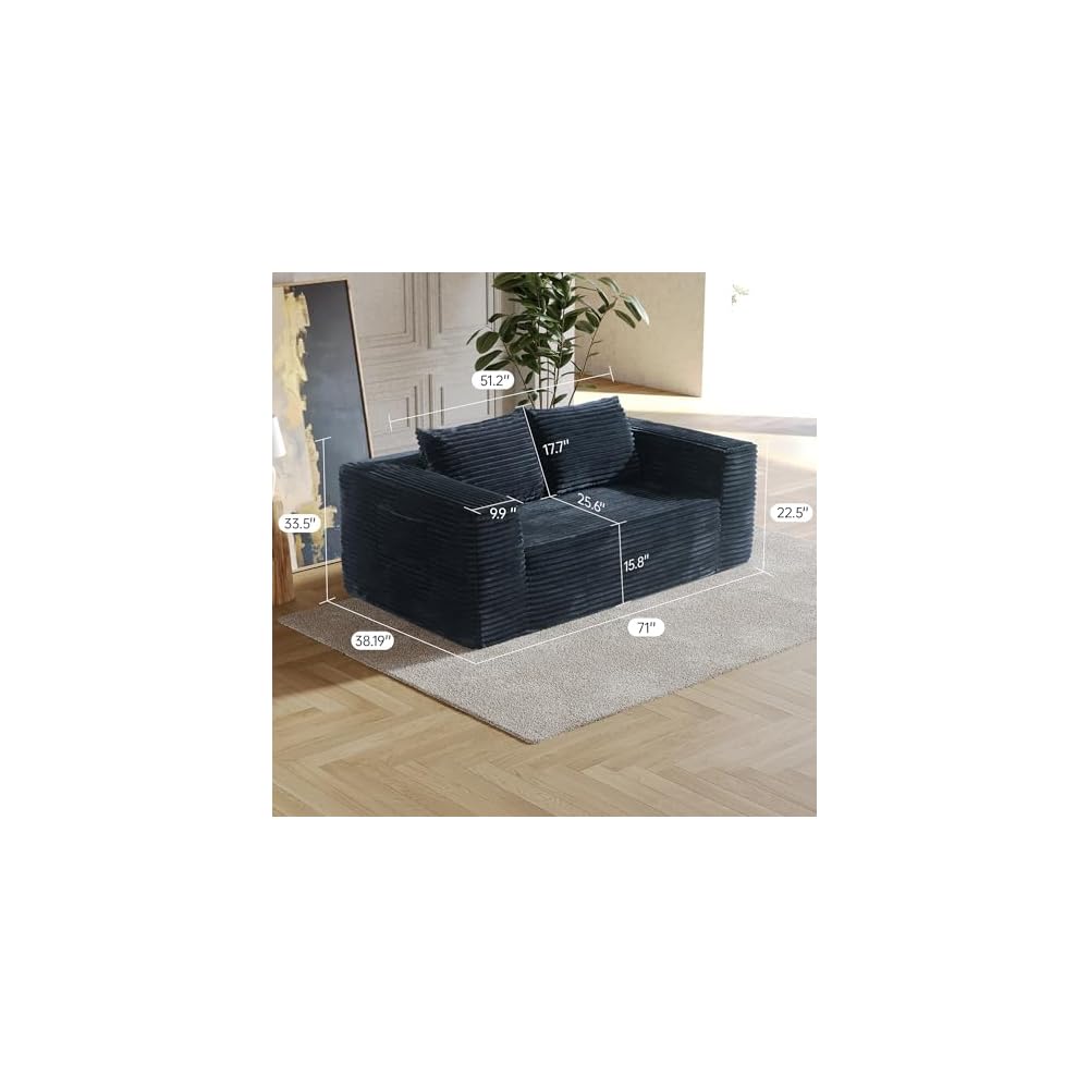 Loveseat Sofa, 71" Boneless Couch with 2 Lumbar Pillows, No Assembly