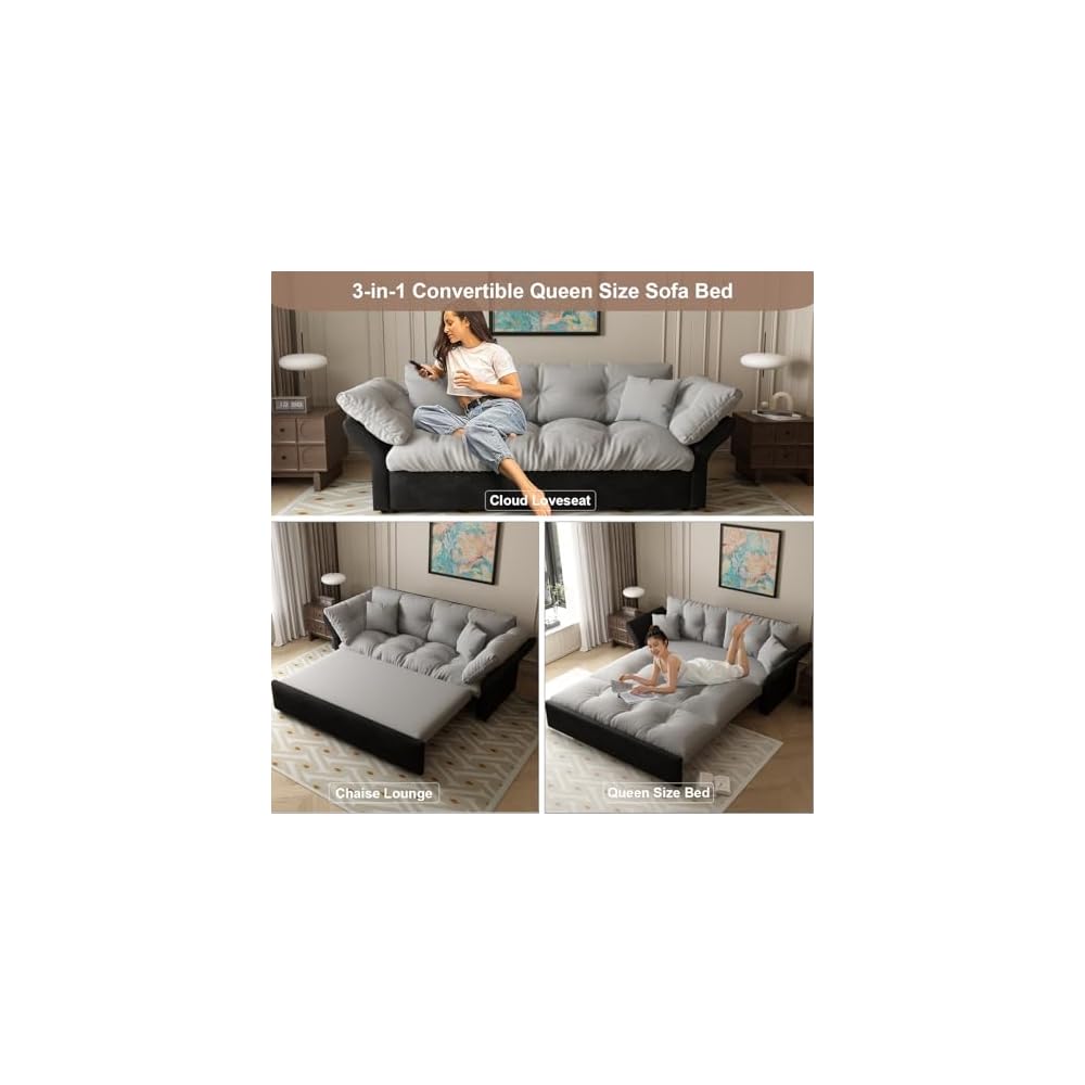 74.8” Queen Pull Out Sofa Bed, 3 in 1 Convertible Sleeper Sofa Futon Pullout Couch, Velvet Tufted Cloud Loveseat with 2 Pillows for Living Room Bedroom Apartment, Grey