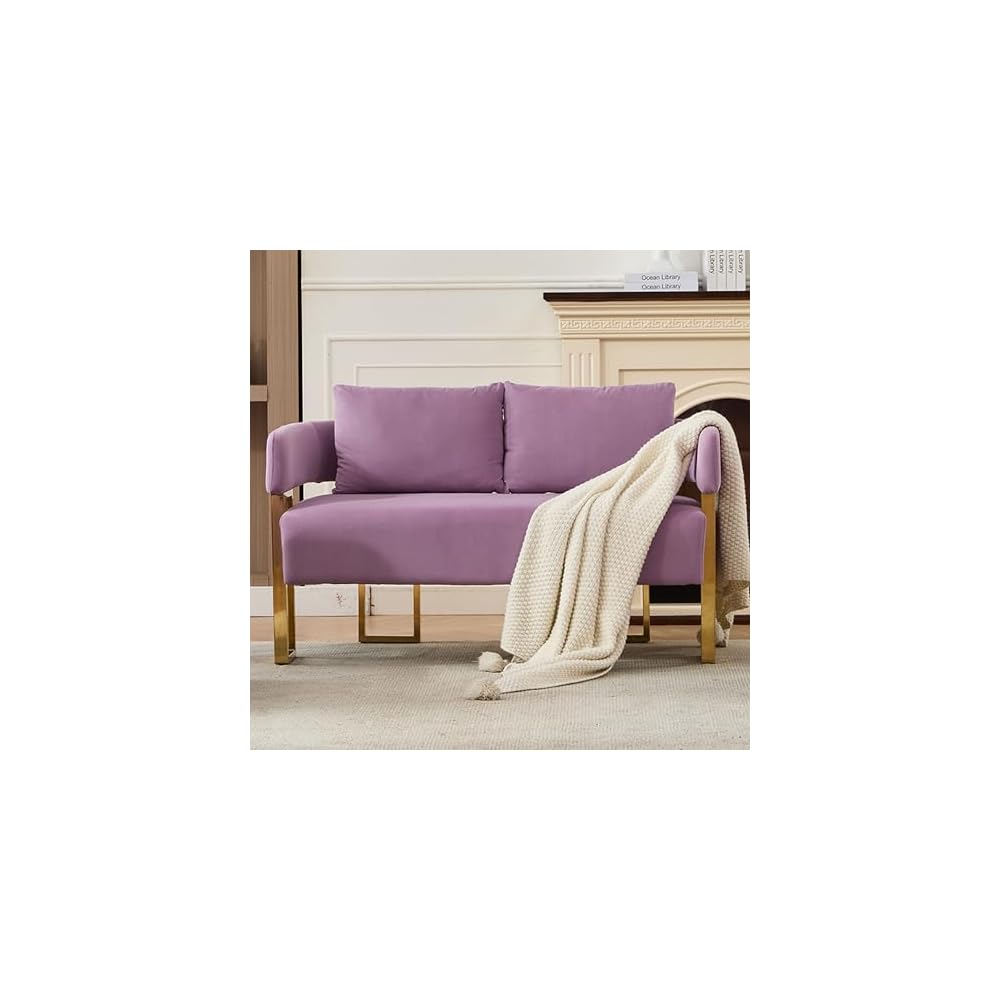 51 Inch Lilac Loveseat Sofa, Teddy Office Love Seat with 2 Pillows for Small Spaces, Small Two Seater Couch with Metal Gold Legs & Side Pockets, Modern Loveseats for Bedroom Living Room (Lilac)