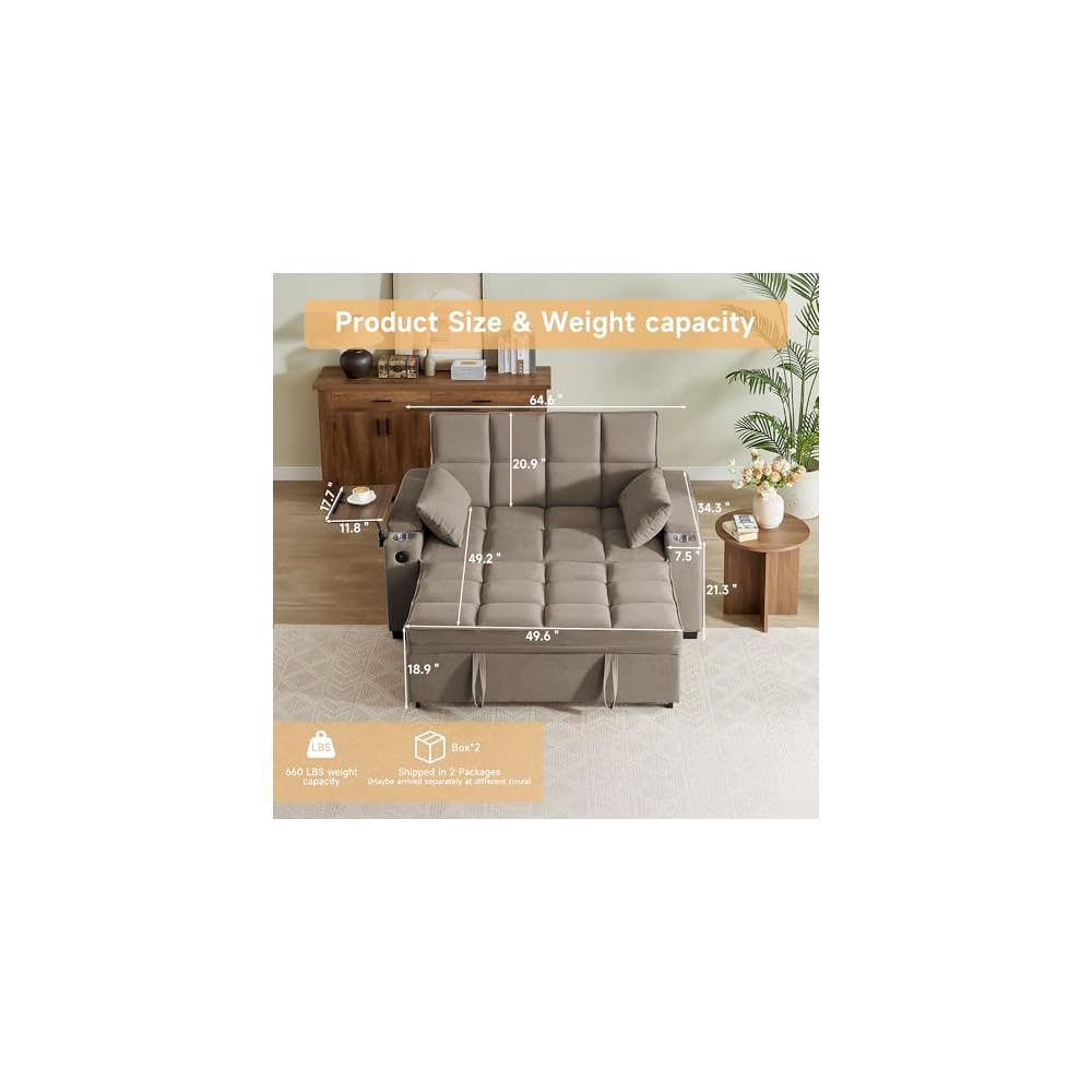 65" Sleeper Sofa Bed Loveseat, Convertible Couch for Living Room, RV Sofa with Adjustable Backrest, Chaise Lounge, Side Table, USB & Type-C Ports