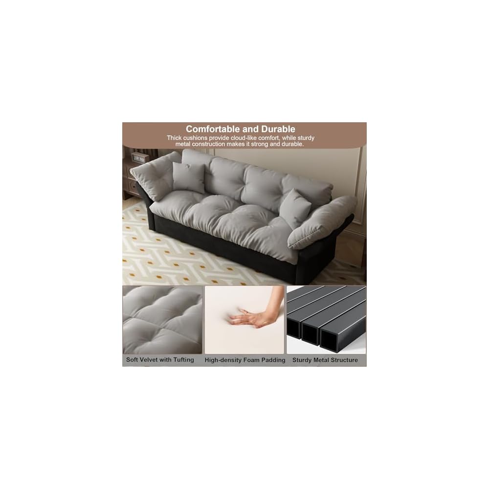 74.8” Queen Pull Out Sofa Bed, 3 in 1 Convertible Sleeper Sofa Futon Pullout Couch, Velvet Tufted Cloud Loveseat with 2 Pillows for Living Room Bedroom Apartment, Grey