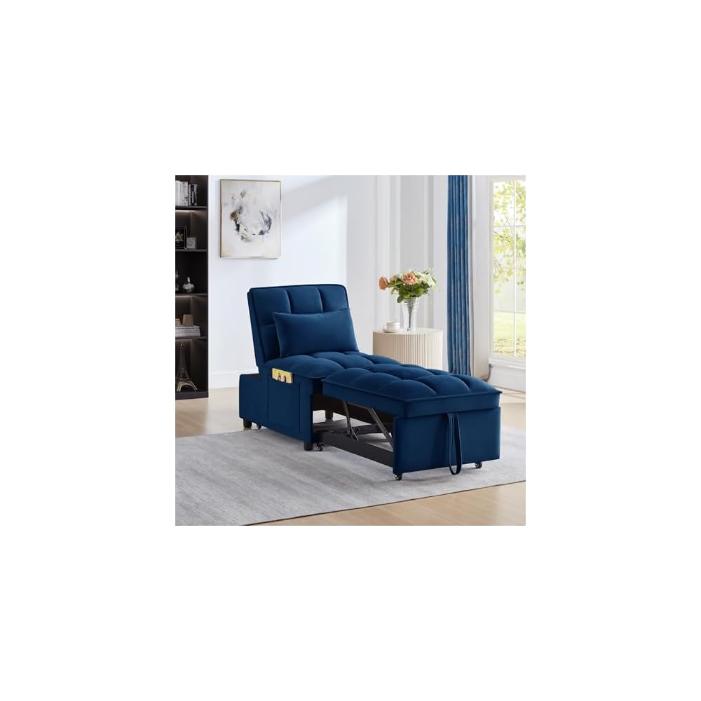 4 in1 Multi-Function Single Sofa Bed with Storage Pockets,Tufted Single Pull-Out Sofa Bed with Adjustable Backrest and Pillows,Convertible Chaise Lounge,for Small Room Apartment (Navy)