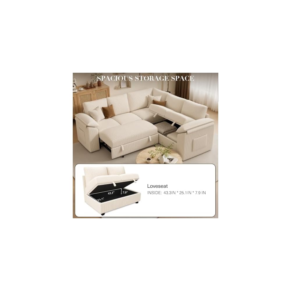 Modular Sectional Sofa with Pull Out Bed, Sleeper Sectional with Storage