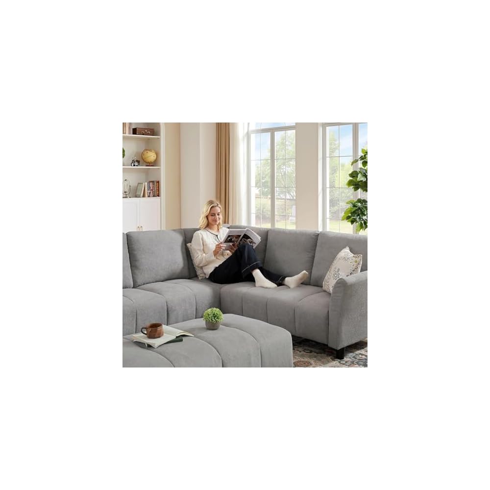 103" Convertible Sectional Sofa with Long Ottoman, Modern Upholstered Fabric L-Shaped Couch with Back Cushions, 6 Seat Sofa Couches for Living Room, Apartment, Office, Light Grey