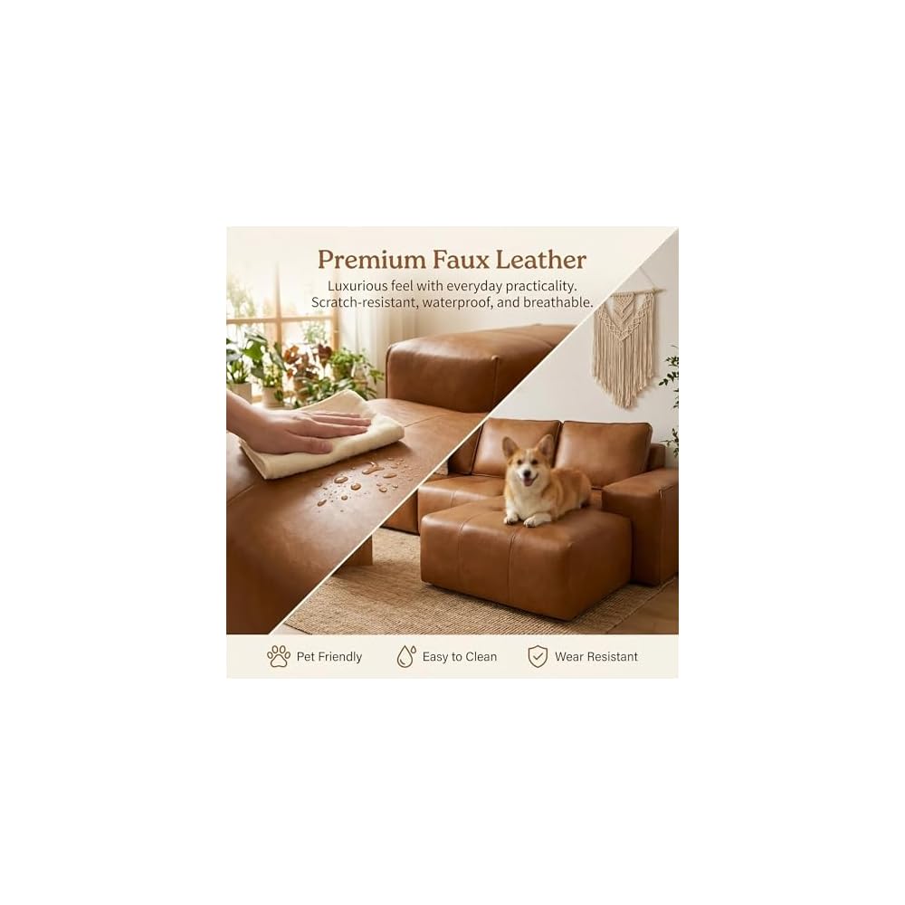 114” Boneless Sectional Couches for Living Room, Brown Cloud Faux Leather Couch in a Box, Modular Sectional Sofas for Living Room, L Shaped Couch with Chaise, Memory Foam Deep Seat,Right Chaise