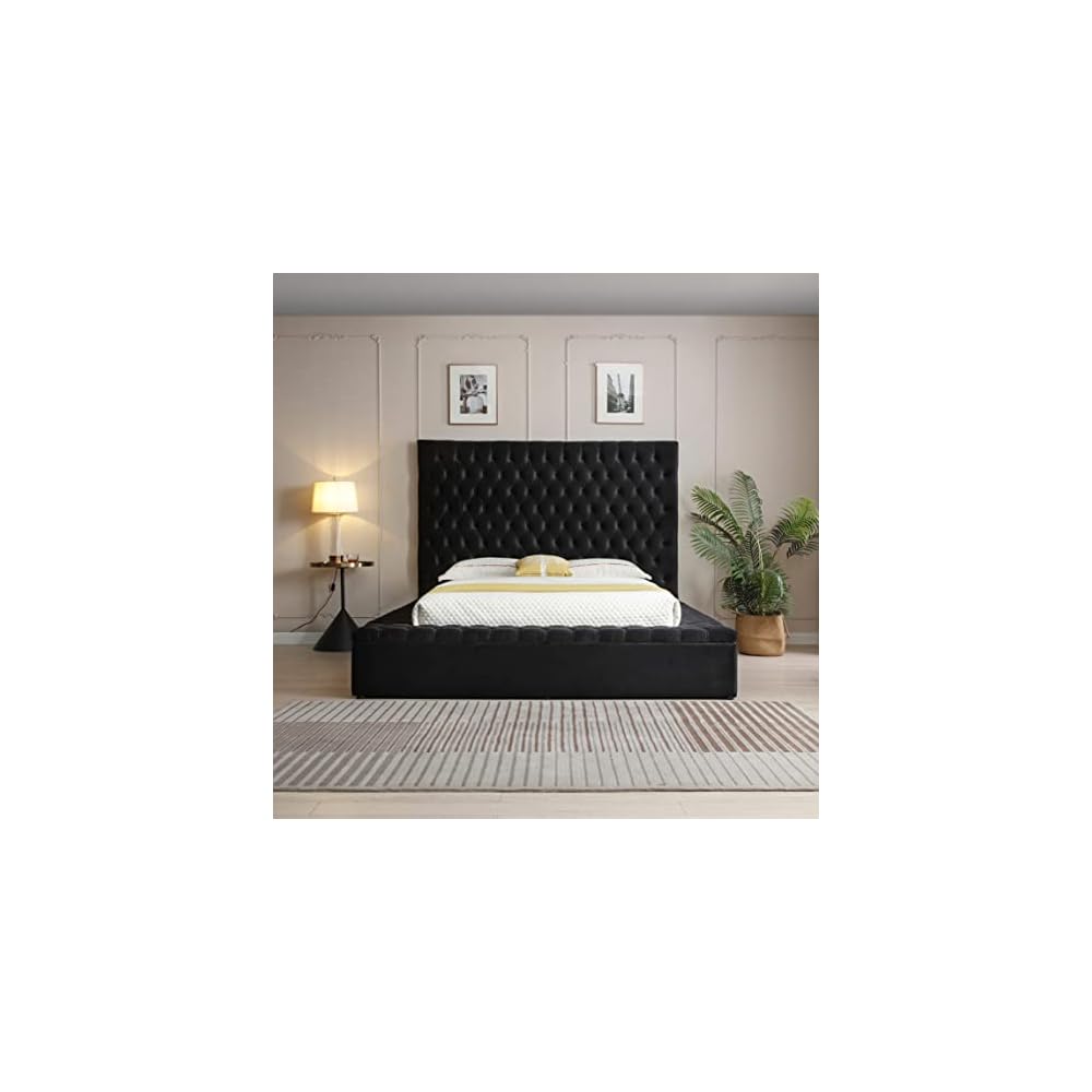Cosmopolitan Velvet Upholstered Platform Queen Bed in Black