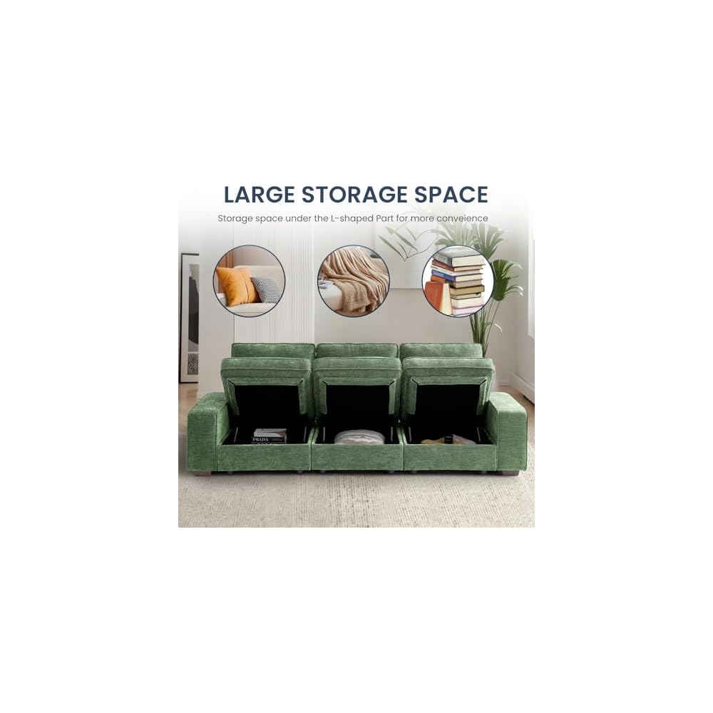 100" Modular Sofa with Seats Storage, Comfy 3-Seater Chenille Fabric Couch for Living Room, Office, Apart W/Deep Seat, USB Charging, Upholstered Couch with Removable Cover(Green)