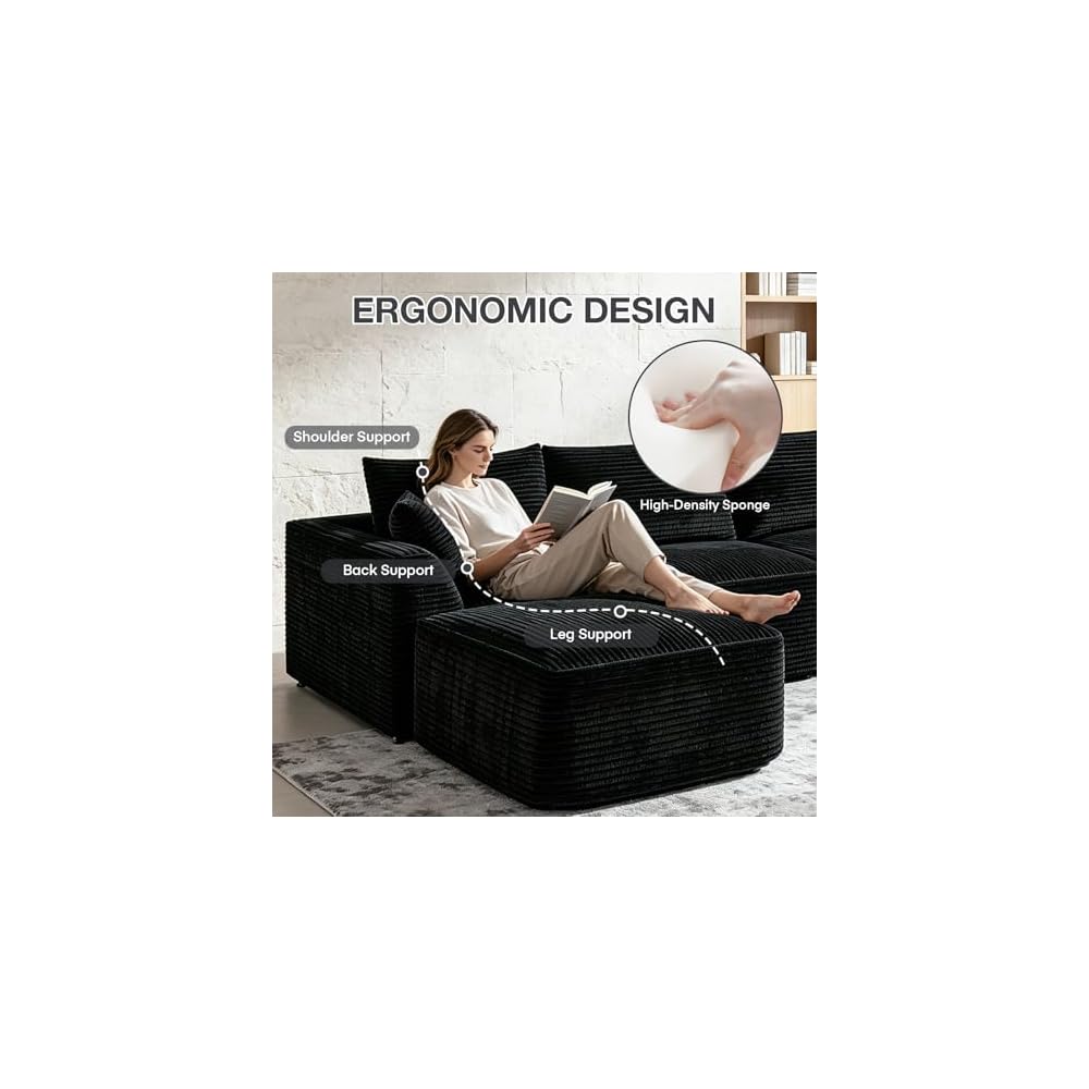 130" Modular Sectional Cloud Boneless Couch for Living Room, Black