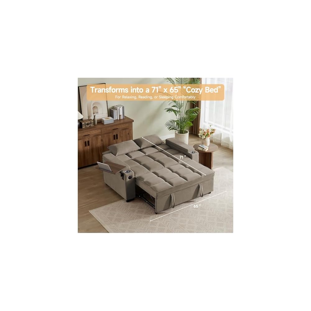 65" Sleeper Sofa Bed Loveseat, Convertible Couch for Living Room, RV Sofa with Adjustable Backrest, Chaise Lounge, Side Table, USB & Type-C Ports