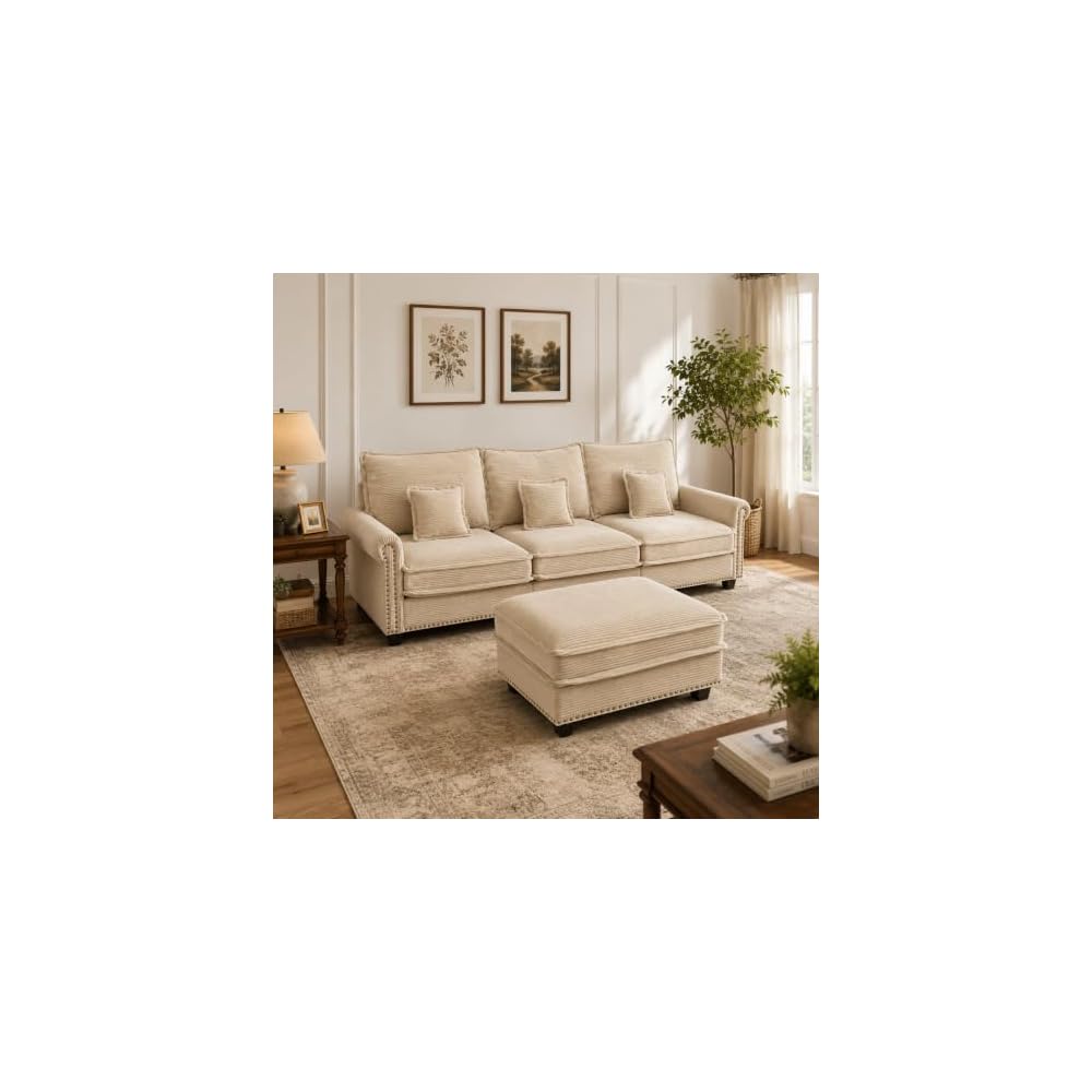 3 Seater Sofa with Ottoman, Oversized Corduroy Couch with Deep Seat & Plush Cushions, Comfy Upholstered Living Room Sofa Set with Nailhead Trim, Coffee