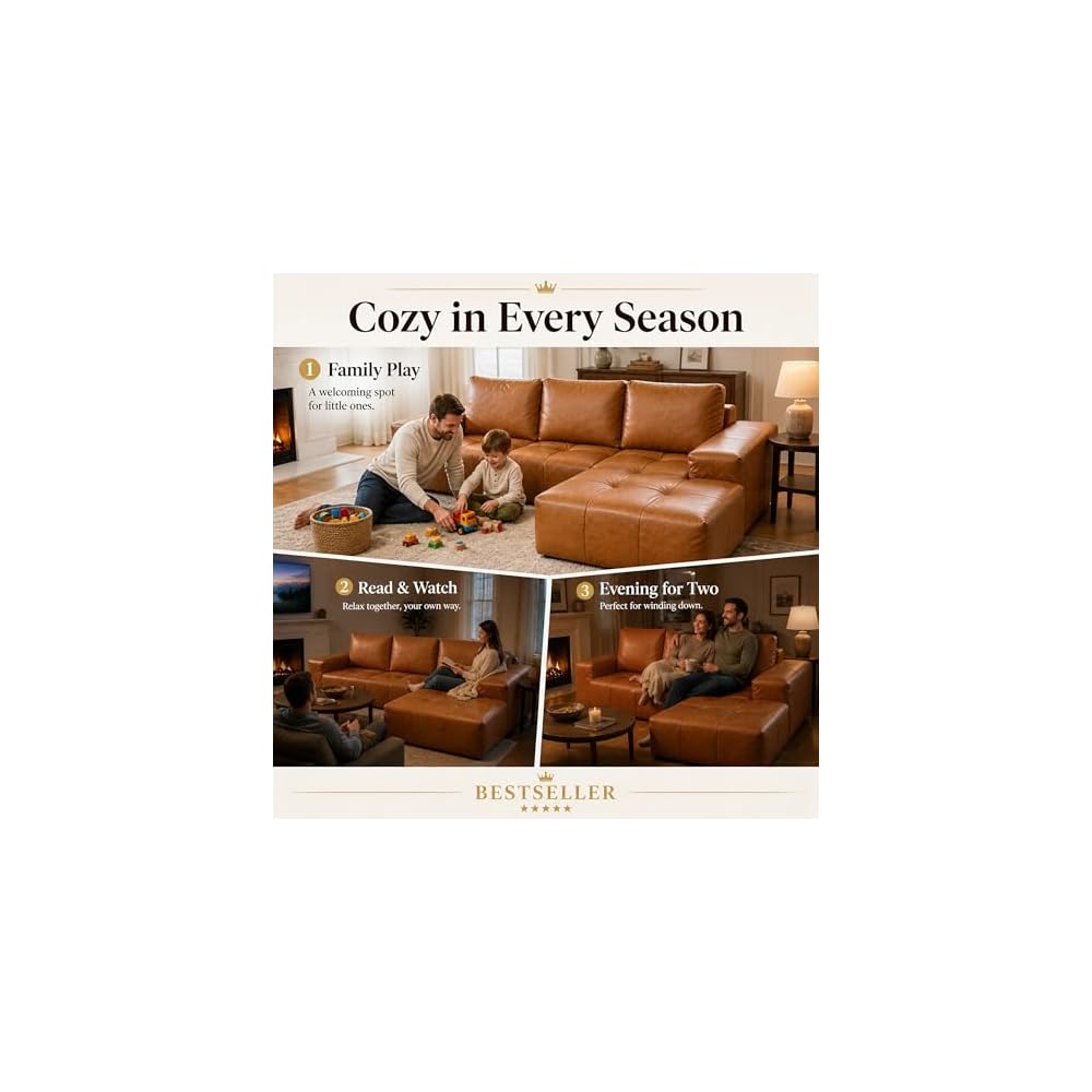 114” Boneless Sectional Couches for Living Room, Brown Cloud Faux Leather Couch in a Box, Modular Sectional Sofas for Living Room, L Shaped Couch with Chaise, Memory Foam Deep Seat,Right Chaise