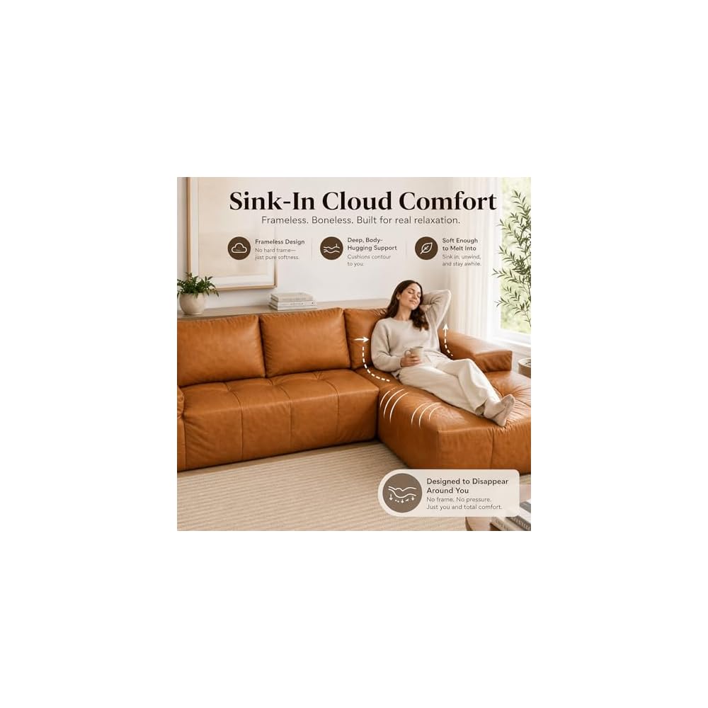 114” Boneless Sectional Couches for Living Room, Brown Cloud Faux Leather Couch in a Box, Modular Sectional Sofas for Living Room, L Shaped Couch with Chaise, Memory Foam Deep Seat,Right Chaise