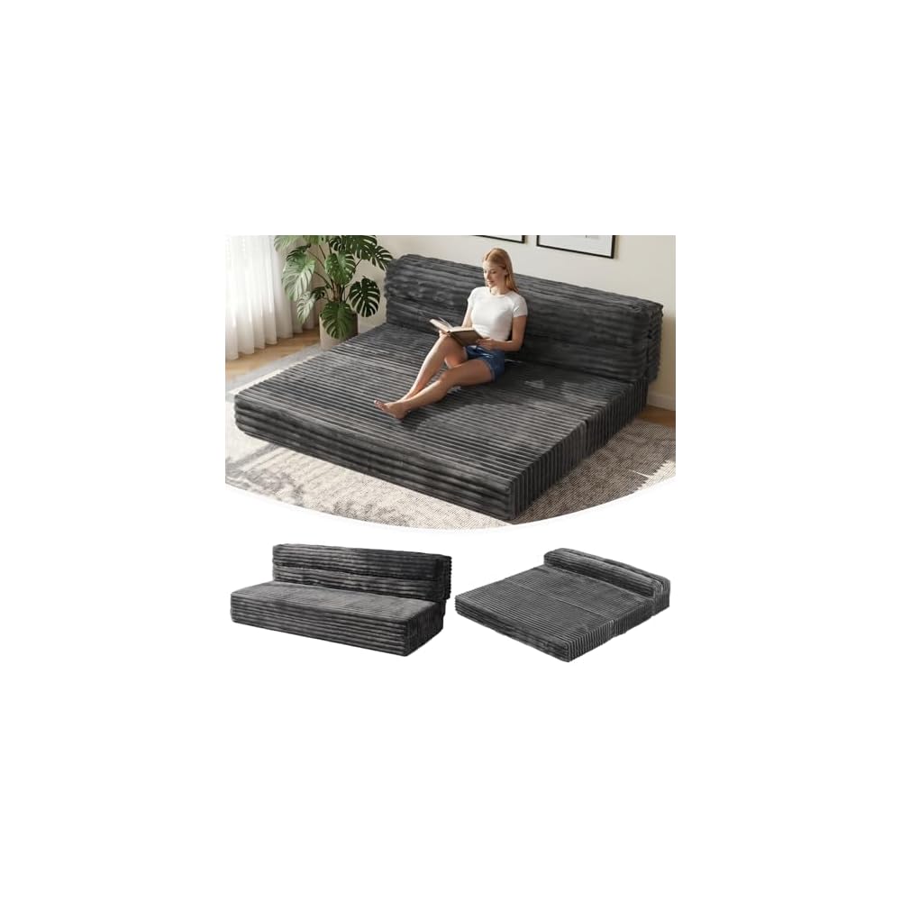 Tri-Fold Futon Sofa Bed, 6 Inch Foldable Floor Couch, High-Density Foam Convertible Sleeper Sofa with Removable Washable Corduroy Cover, Portable Floor Mattress for Living Room