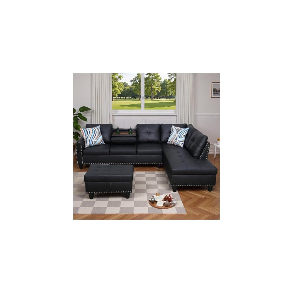 L-Shaped Sectional Sofa with Movable Chaise & Storage Ottoman - 3-Piece Leather Modular Convertible Couch for Living Room, Apartment & Home Office, Gloss Black