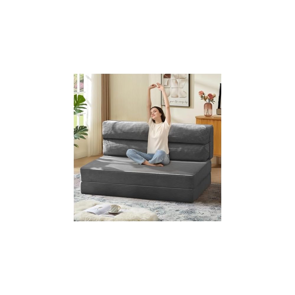 Folding Sofa Bed, Convertible Sleeper Chair with Pilow Foldable Matress, 2 in 1 Pull Out Loveseat Sofa Portable Fold Out Chair Bed Floor Couch Lounge for Living Room Bedroom (Grey, Full)