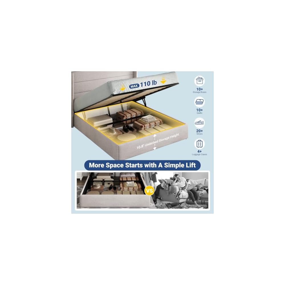 Queen Size Lift Up Hydraulic Storage Bed Frame Light Beige